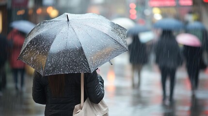 People walking with umbrellas in crowded city street during rainy day : Generative AI