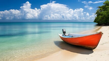 Naklejka premium Vibrant Red Rowboat on Tropical White Sand Beach with Clear Blue Ocean : Generative AI