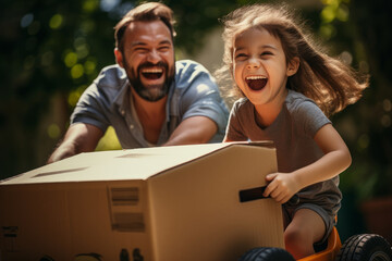 A father and his daughter share laughter and joy as they play together in a lush garden.