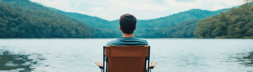 Fototapeta premium A person sits in a chair by a serene lake, surrounded by mountains, enjoying a moment of tranquility and reflection in nature.