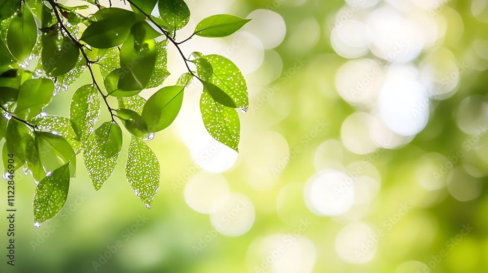 Poster Fresh Green Leaves with Dew Droplets Against a Soft Bokeh Background : Generative AI