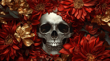 Skull in dark red flowers , with golden and silver petals