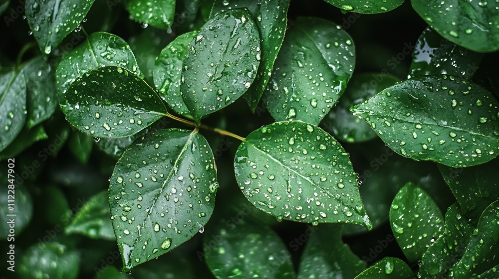 Aufkleber vibrant green leaves with sparkling rain drops in fresh natural setting : generative ai