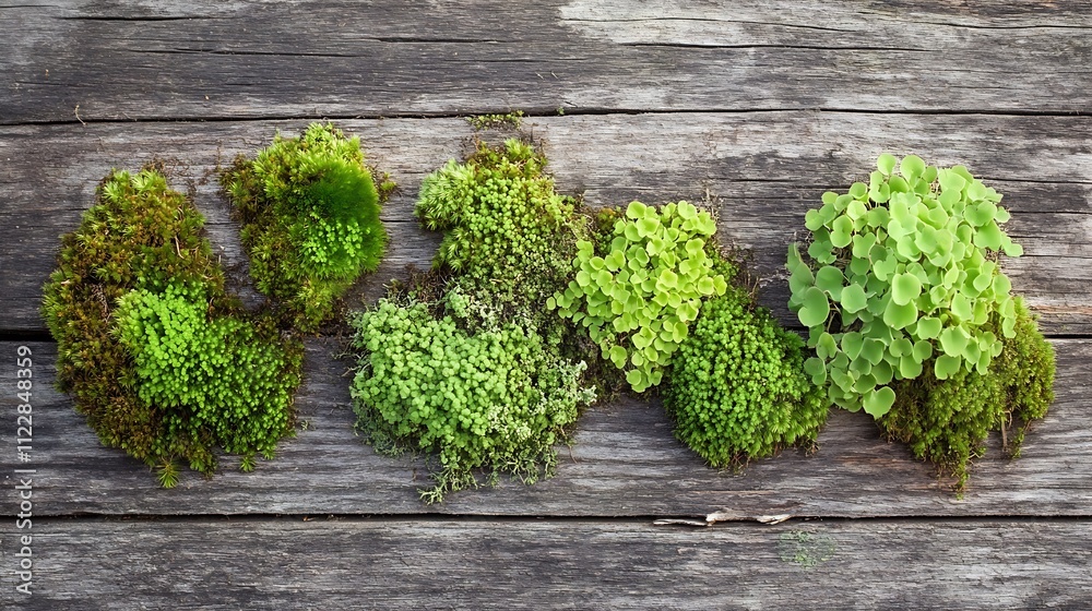 Poster diverse moss and plants on weathered wooden background in natural setting : generative ai
