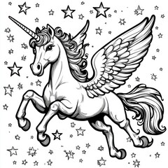Fototapeta premium Majestic Winged Unicorn Galloping Through a Starry Sky Black and White Line Art Illustration