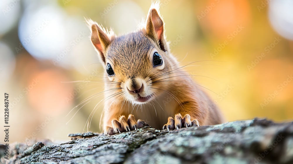Poster Playful Squirrel Looking Curiously At Camera On Tree Branch with Blurred Background : Generative AI