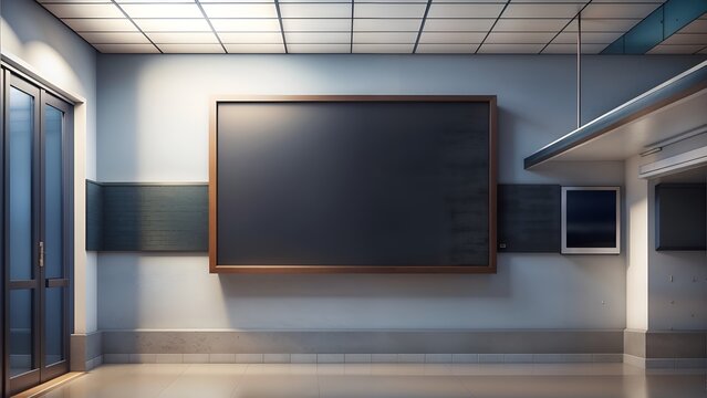 Empty blackboard in professional office of school corridoor environment with copy space on sleek wall and tiled floor