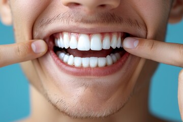 Fototapeta premium Close up of a man with white teeth pointing at pain, featuring space for text or annotations