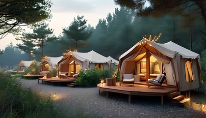 Glamping adventure serene forest retreat outdoor accommodations peaceful environment elevated viewpoint nature concept for relaxation and escape