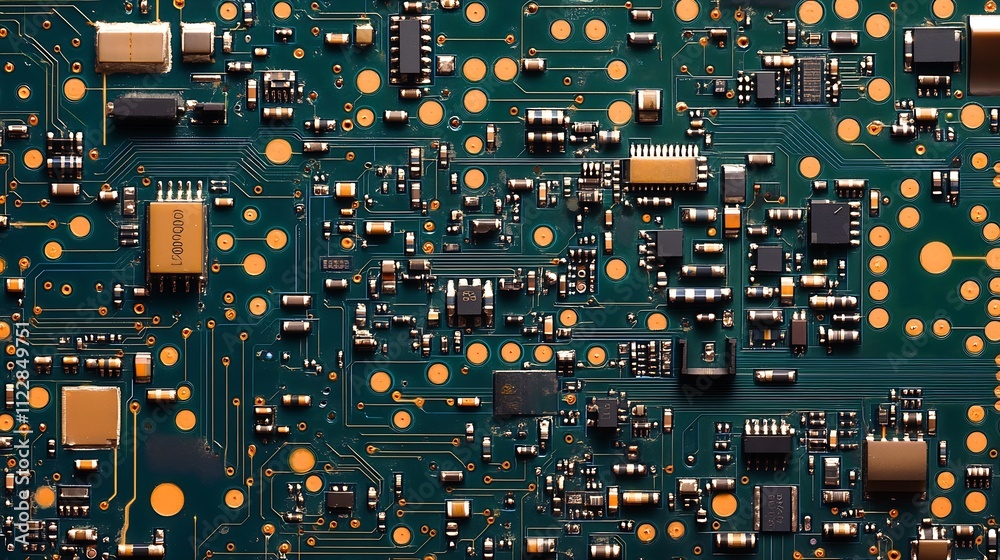 Poster High Resolution Close Up of Modern Printed Circuit Board with Microchips : Generative AI