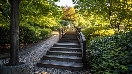 Leafy garden path with wooden stairs surrounded by lush greenery : Generative AI