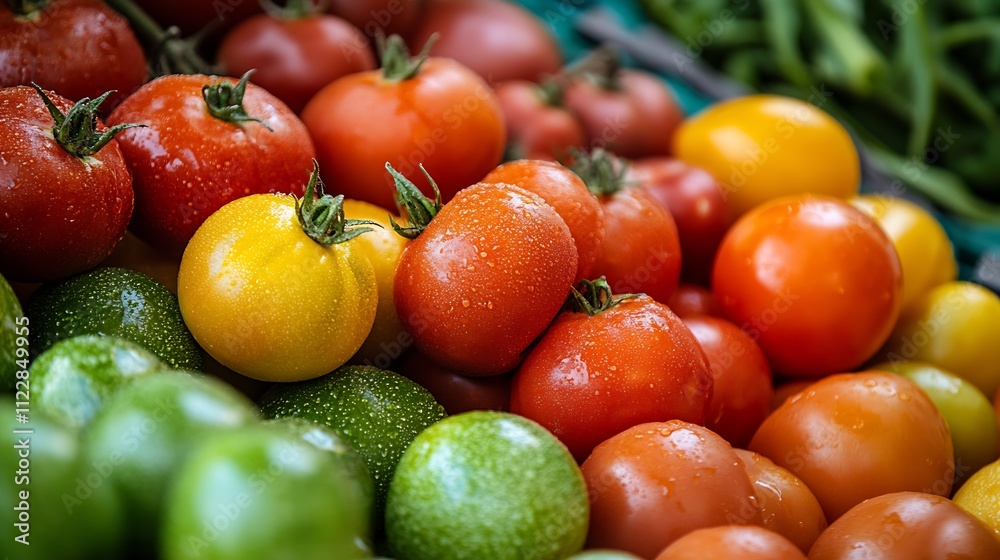 Poster fresh vibrant tomatoes and limes in market display with dew drops : generative ai