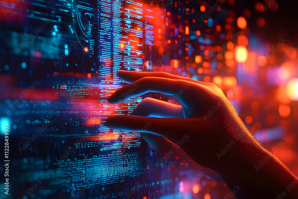 Poster futuristic touch interaction with digital interface. biometric prints. generative ai image