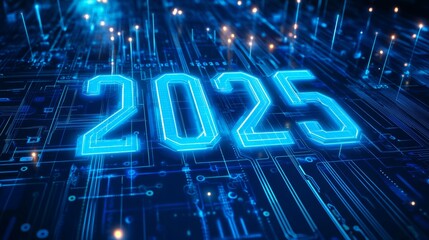 Futuristic 2025 Digital Display with Neon Lights and Circuitry Background