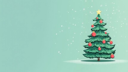 Obraz premium Stylized cartoon Christmas tree with green tones and decorations, displayed on a minimalistic background with copy space