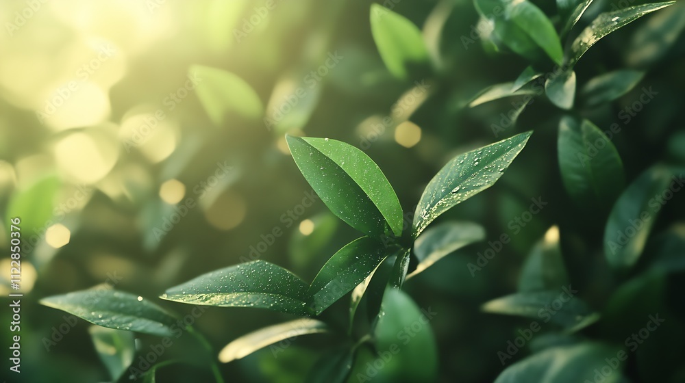 Poster close up of dewy green leaves with soft sunlight in a natural setting : generative ai