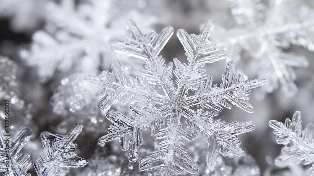 Poster Close view of symmetrical ice snowflake with delicate frosty patterns : Generative AI