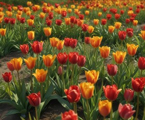 Obraz premium Tulip blooms in shades of red and yellow scattered throughout a lush meadow, garden scene, sunny meadow, colorful tulips