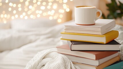 Cozy Stack of Books with a Cup on Top
