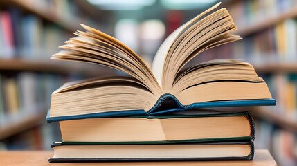 Fototapeta premium Open Book on Stack of Books in Cozy Library Inviting Reader to Discover Stories : Generative AI