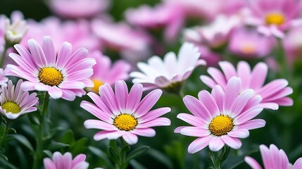 Fototapeta premium Field of Pink Daisies in Full Bloom with Green Foliage on a Sunny Day : Generative AI