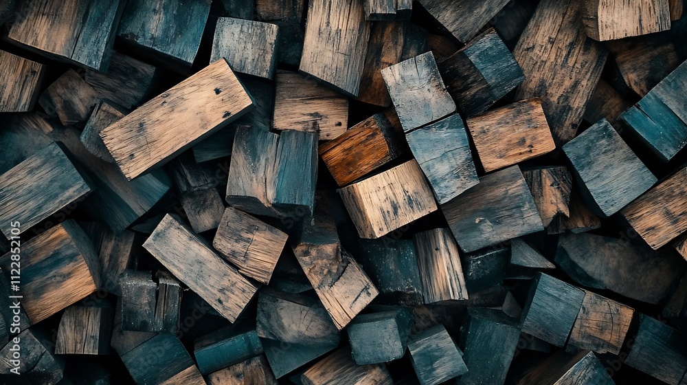 Poster Rustic wooden blocks arranged in a textured geometric pattern : Generative AI
