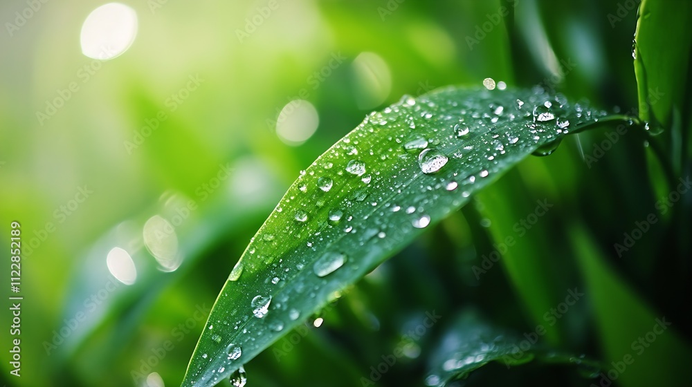 Poster Closeup of Green Leaf with Dew Drops in Sunlight Creating a Nature Scene : Generative AI