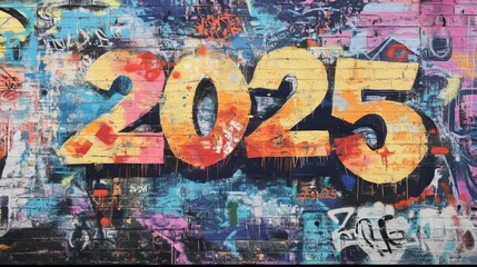 Fototapeta premium Vibrant Graffiti Art Featuring the Year 2025 on a Colorful Urban Mural