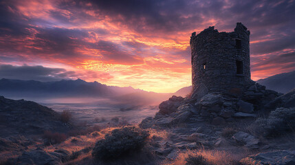 Fototapeta premium An abandoned watchtower overlooking a desolate valley, its stone walls cracked and weathered, standing alone under a dramatic sunset sky.