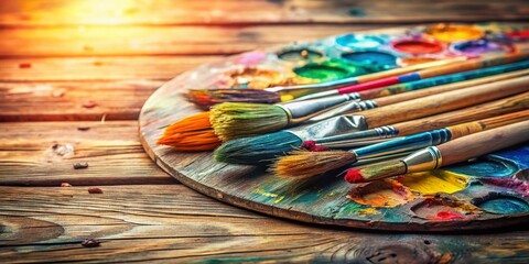 Obraz premium Colorful Brushes and Palette on a Wooden Table with Copy Space for Artistic Creations and Painting Projects in a Bright Studio Environment