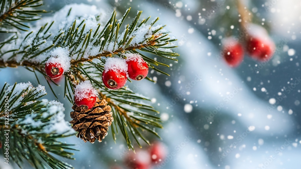 Poster festive pine branches with red berries and snow in winter scene : generative ai