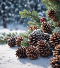 Fototapeta premium winter wonderland scene with pinecones and ornaments on a snowy background, holiday decor, forest scenery