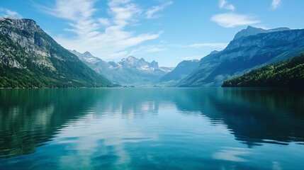 Fototapeta premium Breathtaking mountain lake with serene reflections and clear blue skies in nature : Generative AI