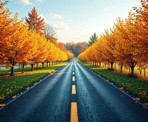 Obraz premium Yellow and orange leaves lining a country driveway, yellow, tree