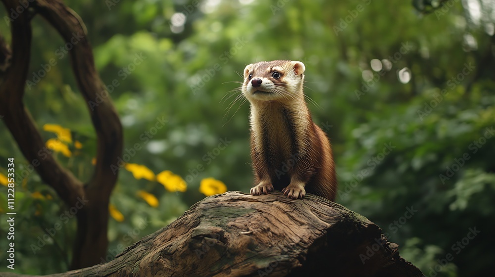 Poster Curious Ferret Posing on a Tree Stump in Lush Green Forest Setting : Generative AI