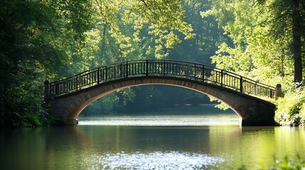 Fototapeta premium Elegant Arched Stone Bridge Over Serene Lake with Lush Forest Backdrop : Generative AI