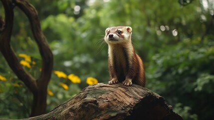 Fototapeta premium Curious Ferret Posing on a Tree Stump in Lush Green Forest Setting : Generative AI