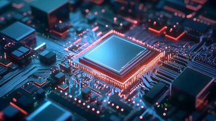 Obraz premium A computer chip is shown in a red and blue color scheme. The chip is surrounded by a network of wires and circuits. Concept of complexity and sophistication