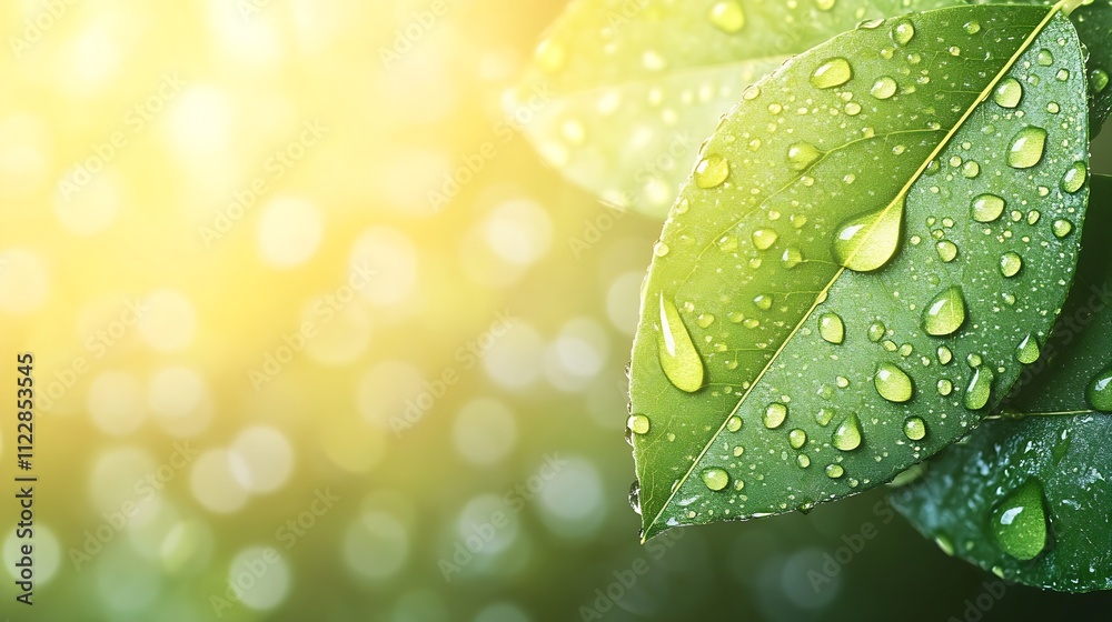 Aufkleber Sunlit Green Leaves with Sparkling Dew Drops Against a Bokeh Background : Generative AI