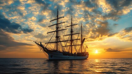 Obraz premium Tall Ship Sailing Toward Horizon at Golden Sunset with Dramatic Clouds : Generative AI
