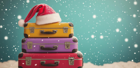Bright suitcases stacked on top of each other with a Santa hat on the side, a bright background with snow falling, minimalistic in the style of Santa Claus.