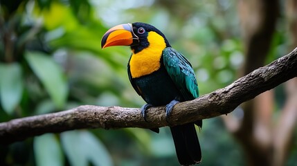 Fototapeta premium Colorful Toucan with Prominent Beak Perched on Jungle Tree Branch : Generative AI