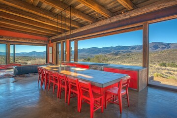 Modern Open Kitchen with Long Dining Table Overlooking Scenic Mountain Landscape from Large Windows in Rustic Home Interior Design