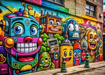 Obraz premium Colorful Graffiti Cartoon Designs Featuring Funny Faces and Obsolete Robots on Urban Walls With Ample Copy Space for Creative Use