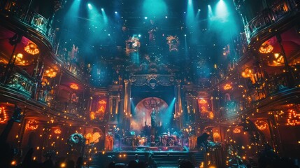 Obraz premium A vibrant stage set for a theatrical performance with dramatic lighting and Halloween decor.