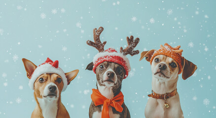 Bright suitcases stacked on top of each other with a Santa hat on the side, a bright background with snow falling, minimalistic in the style of Santa Claus.