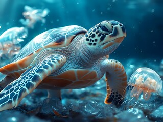Fototapeta premium Sea turtles and jellyfish swimming in the clear blue sea water give a sense of calm, beauty and nature. Suitable for use in environmental conservation campaigns or promoting eco-tourism.