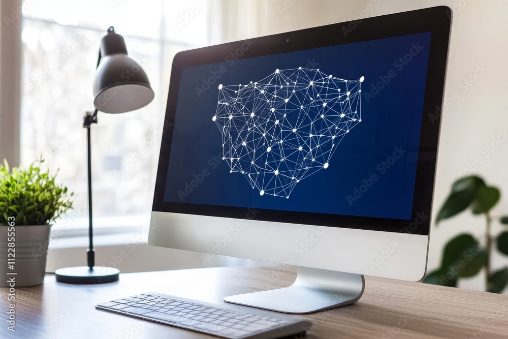 Poster modern workspace with computer displaying network connections and creative desk setup featuring lamp