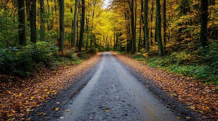 Fototapeta premium Misty Forest Road Covered in Vibrant Autumn Leaves and Majestic Tall Trees : Generative AI