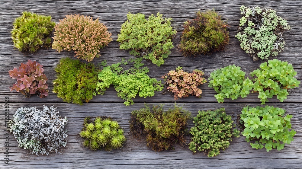 Poster Diverse Array of Colorful Moss Varieties on Weathered Wood for Botanical Design Ideas : Generative AI